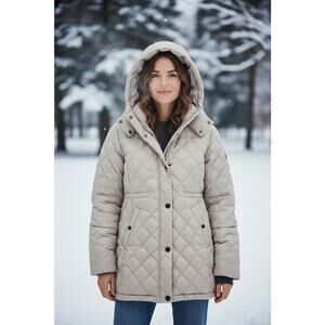 / Pajar Canada Women’s Quilted Jacket Hooded Zip / Snap Front Beige Size S Cream